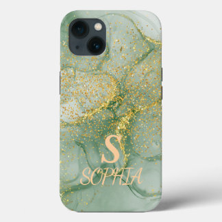 Funda Para iPhone 13 Monograma de mármol verde brillo dorado