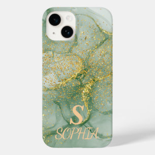 Funda Para iPhone 14 De Case-Mate Monograma de mármol verde brillo dorado