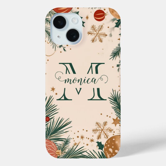 Funda De Case-Mate Para iPhone Monograma de Navidades de oro verde personalizado (Reverso )