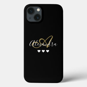 Funda Para iPhone 13 Monograma de nombre con corazones negros dorados