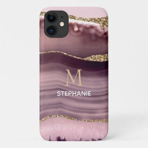 Funda Para iPhone 11 Monograma de nombre de geoda de ágata rosa y púrpu