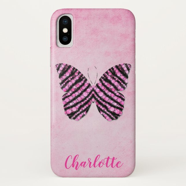 Funda De Case-Mate Para iPhone Monograma de nombre de mariposa rosa (Reverso)