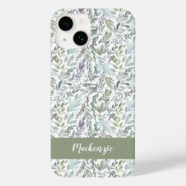 Funda Para iPhone 14 De Case-Mate Monograma de nombre en acuarela botánica azul verd