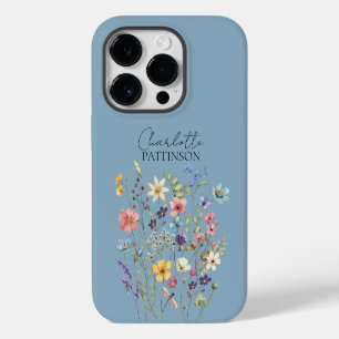 Funda Para iPhone 14 Pro De Case-Mate Monograma de nombre floral botánico Wildflower azu