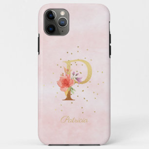 Funda Para iPhone 11 Pro Max Monograma de nombre inicial de flor de acuarela le