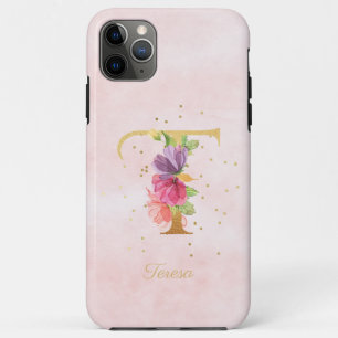 Funda Para iPhone 11 Pro Max Monograma de nombre inicial de letra T floral acua