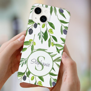 Funda Para iPhone 14 De Case-Mate Monograma de nombre patrón de olivo al agua verde
