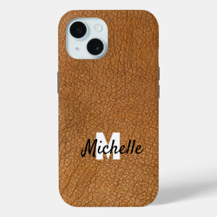 Funda Para iPhone 15 Monograma de nombre personalizado de cuero marrón