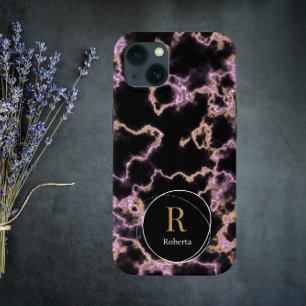 Funda Para iPhone 13 Monograma de nombre personalizado de mármol negro 