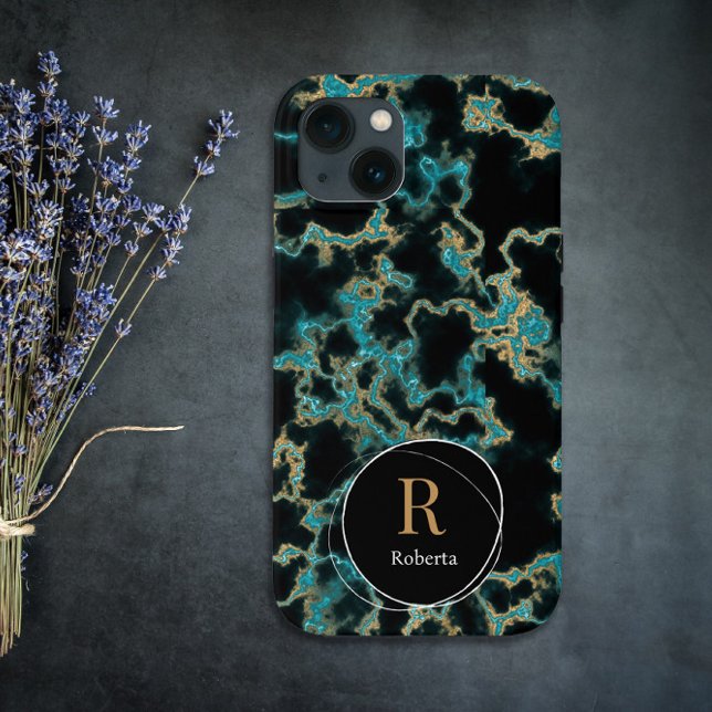 Funda De Case-Mate Para iPhone Monograma de nombre personalizado de mármol negro  (Subido por el creador)