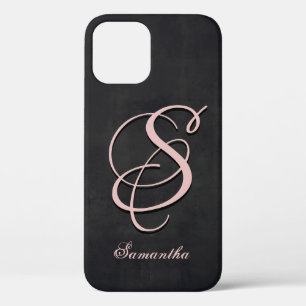 Funda Para iPhone 12 Monograma de nombre rústico elegante rosa negro