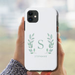 Funda Para iPhone 11 Monograma de nombres<br><div class="desc">Este sencillo y elegante estuche de teléfono está decorado con un monograma y un nombre,  rodeado de hojas de color verde. Personalizable fácil. Acuarela original © Michele Davies.</div>