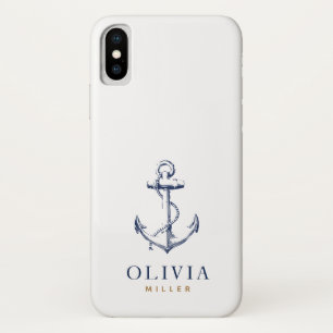 Funda Para iPhone X Monograma de oro azul de la Marina de Anclaje Náu