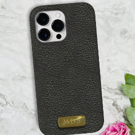 Funda Para iPhone 15 Pro Monograma de oro de cuero negro clásico