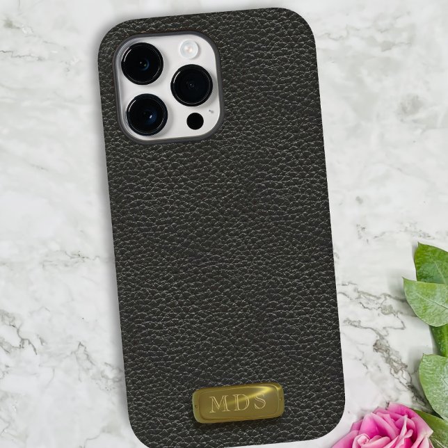 Funda De Case-Mate Para iPhone Monograma de oro de cuero negro clásico (A classic faux black leather look phone case with space for your initials)