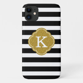 Funda Para iPhone 11 Monograma de oro de franjas negras elegantes