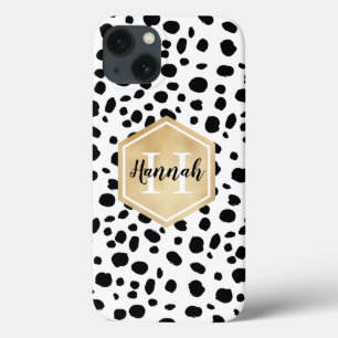 Funda Para iPhone 13 Monograma de oro del patrón Black White Spots