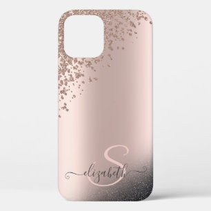 Funda Para iPhone 12 Monograma de oro rosa con diamantes y brillo negro