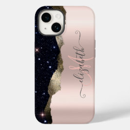 Funda Para iPhone 14 De Case-Mate Monograma de oro Rosa de Purpurina negro moderno