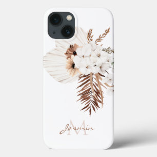 Funda Para iPhone 13 Monograma de orquídeas blancas de pampas marrones 