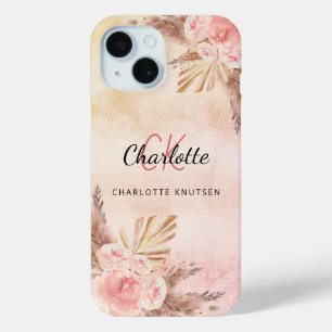 Funda Para iPhone 15 Monograma de pampas césped rosa rubor