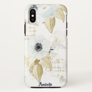 Funda Para iPhone XS Monograma de patrón de flores azules y blancas de 