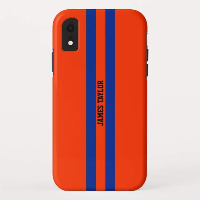 Funda De Case-Mate Para iPhone Monograma de patrón de franjas naranjas y azules (Reverso)