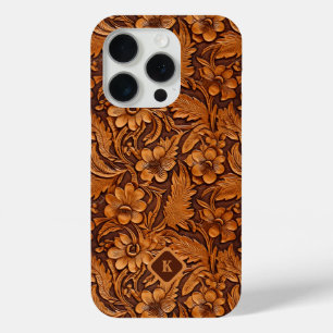 Funda Para iPhone 15 Pro Monograma de patrón floral de cuero marrón 3-D con