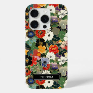 Funda Para iPhone 15 Pro Monograma de Patrón Floral Japonés Colorido