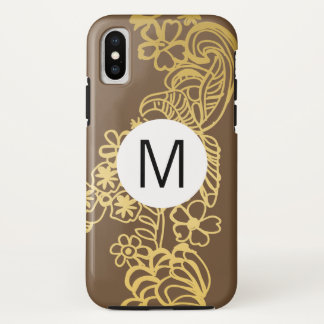 Funda Para iPhone X monograma de patrón marrón floral dorado