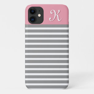 Funda Para iPhone 11 Monograma de patrón rayado gris y rosa