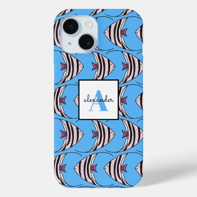 Funda De Case-Mate Para iPhone Monograma de peces azules (Reverso )