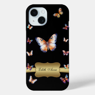 Funda Para iPhone 15 Monograma de Personalizado de oro de mariposa acua