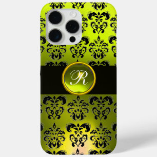 FUNDA PARA iPhone 15 PRO MAX MONOGRAMA DE PIEDRA DE GIMNASIA DE DAMASK NEGRO AM