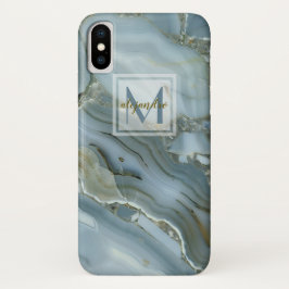 Funda Para iPhone X Monograma de piedra natural de mármol azul