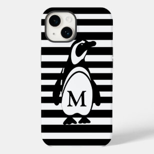 Funda Para iPhone 14 De Case-Mate Monograma de pingüino blanco y negro y rayas