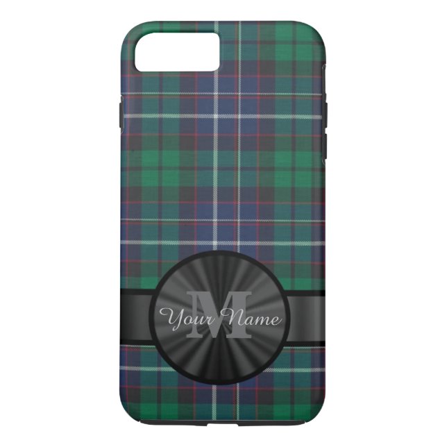 Funda De Case-Mate Para iPhone Monograma de plaqueta de tartán azul y verde (Reverso)