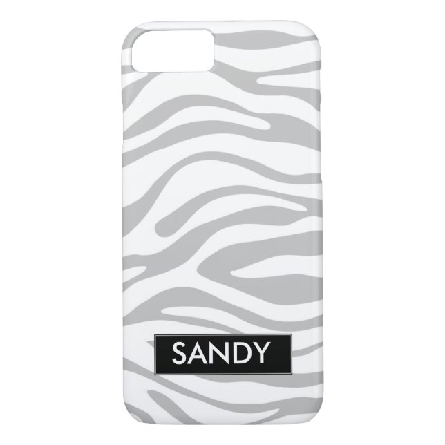 Funda De Case-Mate Para iPhone Monograma de plata metálica y cebra blanca (Reverso)