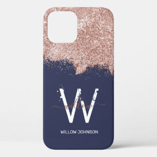Funda Para iPhone 12 Monograma de polvo azul de la Marina de Oro Rosa