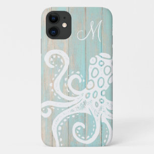 Funda Para iPhone 11 Monograma de pulpo de madera turquesa con problema