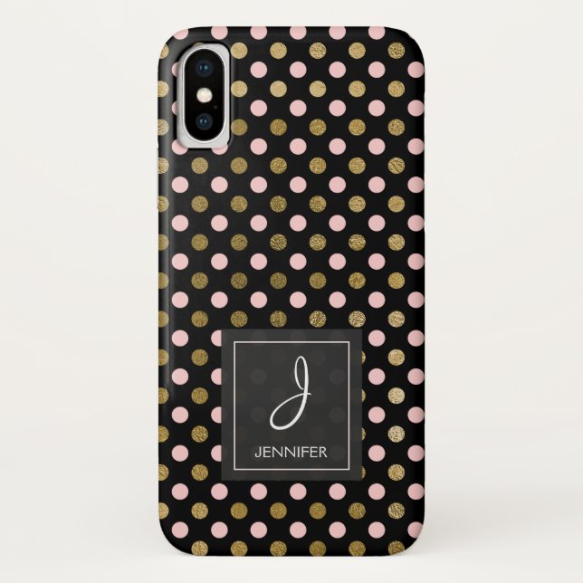 Funda De Case-Mate Para iPhone Monograma de Punto Polka Rosa, Negro y Relieve met (Reverso)