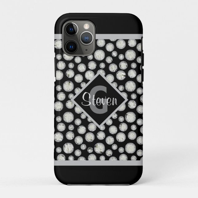 Funda De Case-Mate Para iPhone Monograma de puntos de polka negro y gris (Reverso)