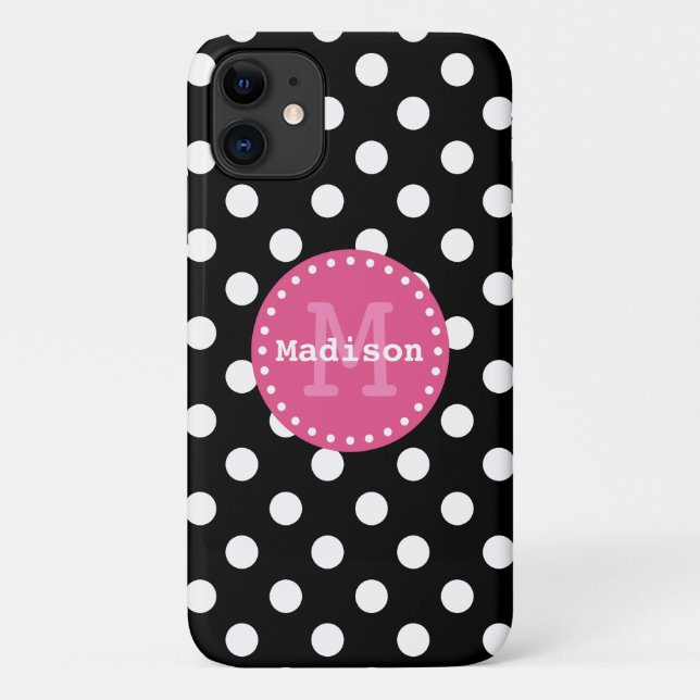 Funda De Case-Mate Para iPhone Monograma de puntos de polka rosa blanco negro (Reverso)