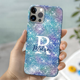 Funda Para iPhone 15 Monograma de purpurina azul rosa unicornio iridisc