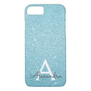 Funda Para iPhone 8/7 Monograma de Purpurina azul verde azulado y espuma
