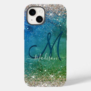 Funda Para iPhone 14 De Case-Mate Monograma de purpurina de oro azul claro