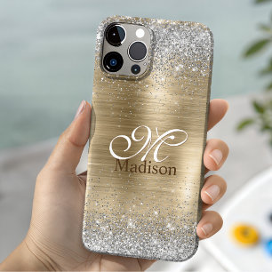Funda Para iPhone 14 De Case-Mate Monograma de purpurina de plata falsa de oro cepil