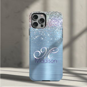 Funda Para iPhone 11 Pro Monograma de purpurina falsa azul hielo iridiscent