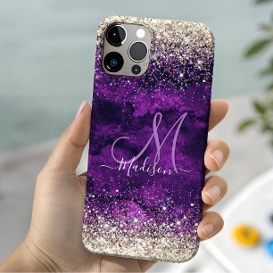 Funda Para iPhone 14 De Case-Mate Monograma de purpurina falsa dorada morada linda