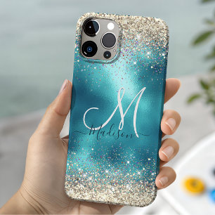 Funda Para iPhone 11 Pro Monograma de purpurina falsa dorada turquesa linda